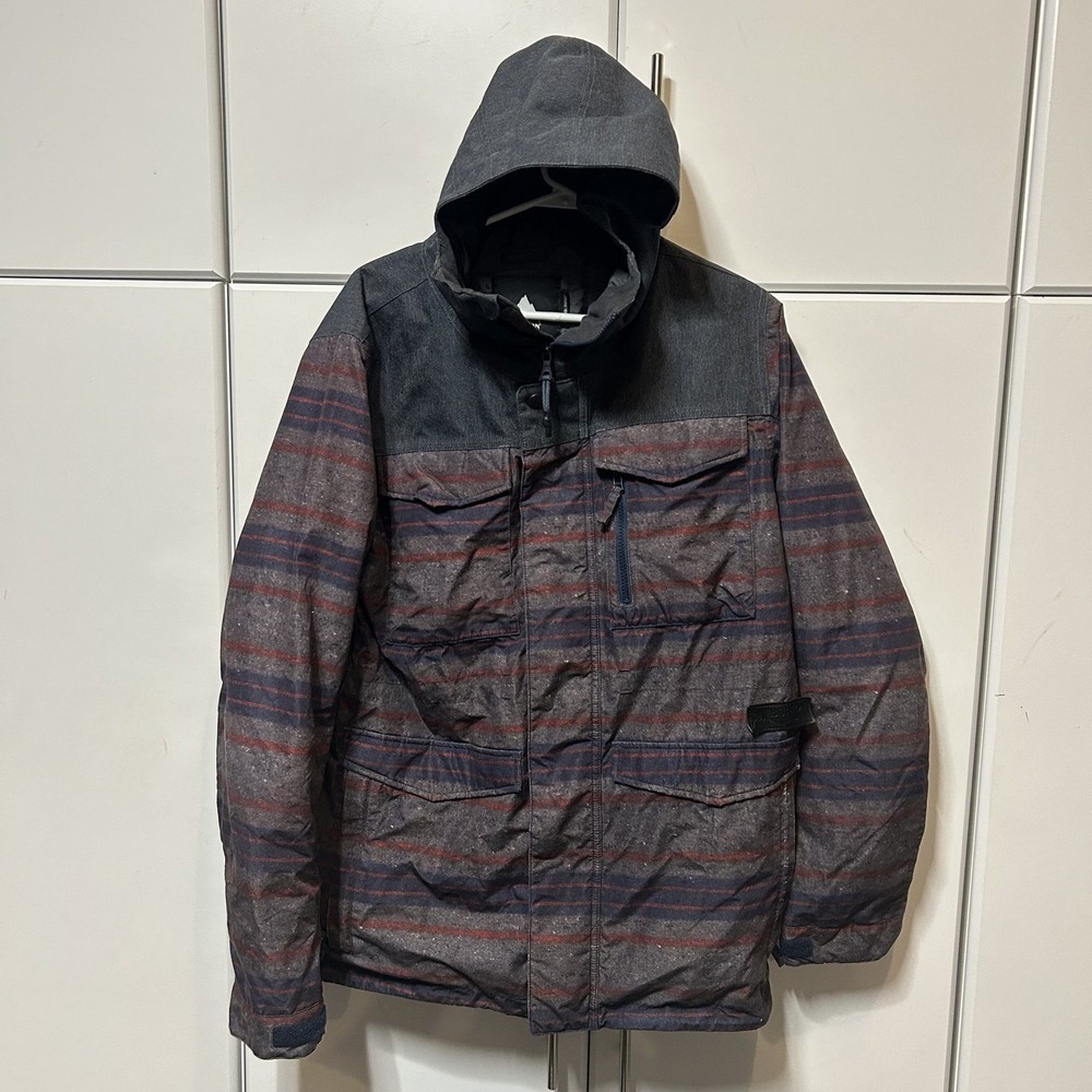 Burton Mens Snowboard Jacket Medium Striped Living Lining Hooded Outerwear Grey